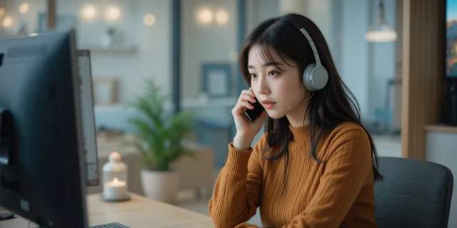 이사 후 전기와 가스 같은 공과금 주소 이전을 요청 중인 전화 상담 모습