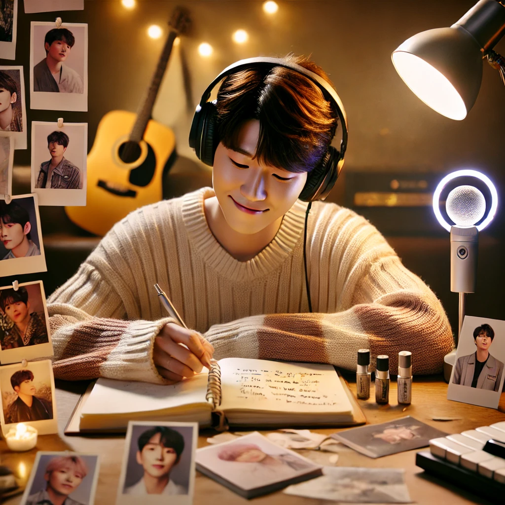 헤드폰을 끼고 음악에 몰입하며 노트에 곡 제목을 적는 모습