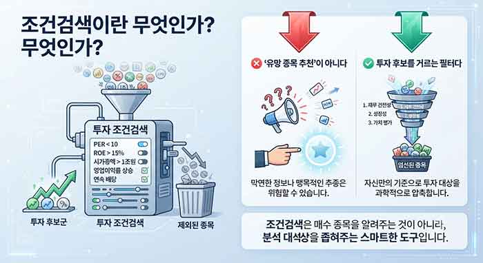 조건검색은 종목 추천이 아닌 필터입니다. 라는 그림으로표현.