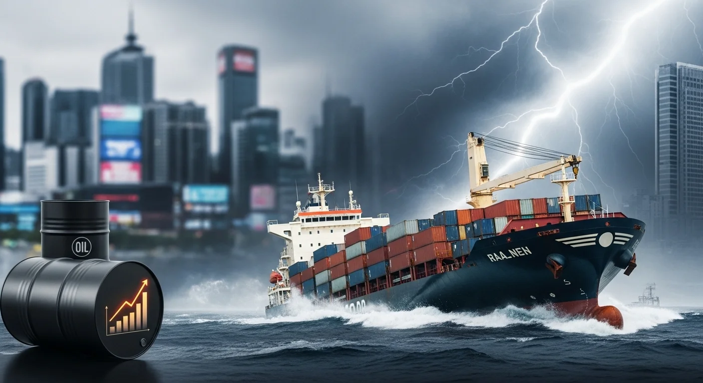 컨테이너선과 유가 그래프, 서울 금융가를 배경으로 현재 인플레이션을 유발하는 공급망 불안정 및 에너지 가격 상승 요인