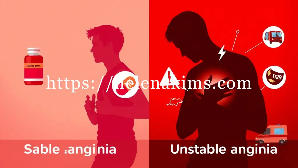 왼쪽 패널은 차분한 파스텔 톤으로, 운동 중 가슴을 가볍게 쥐는 사람 실루엣과 옆에는 휴식과 니트로글리세린 약병 아이콘이 배치되어 '안정 협심증'을 상징. 오른쪽 패널은 강렬하고 어두운 붉은 톤으로, 고통스럽게 가슴을 부여잡는 사람 실루엣과 함께 경고음, 번개, 119 구급차 아이콘들이 '불안정 협심증'의 위급함을 표현한 이미지.