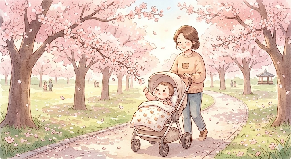 A mother pushing a stroller along a cherry blossom path at a spring flower festival, with the baby looking up at the falling petals in a warm and peaceful outdoor setting.