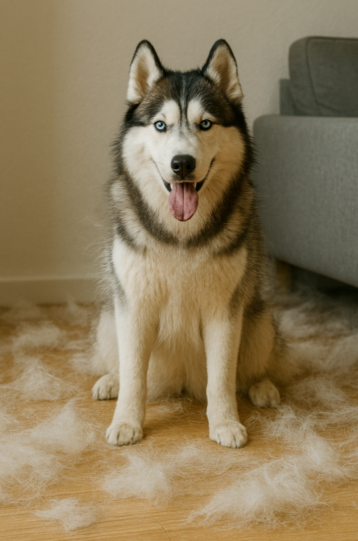 시베리안 허스키가 실내 바닥에 앉아 있고, 주변에 이중모에서 빠진 흰색과 회색의 털 뭉치가 흩어져 있어 계절 털갈이 시기의 극심한 털날림을 강조한 장면입니다.