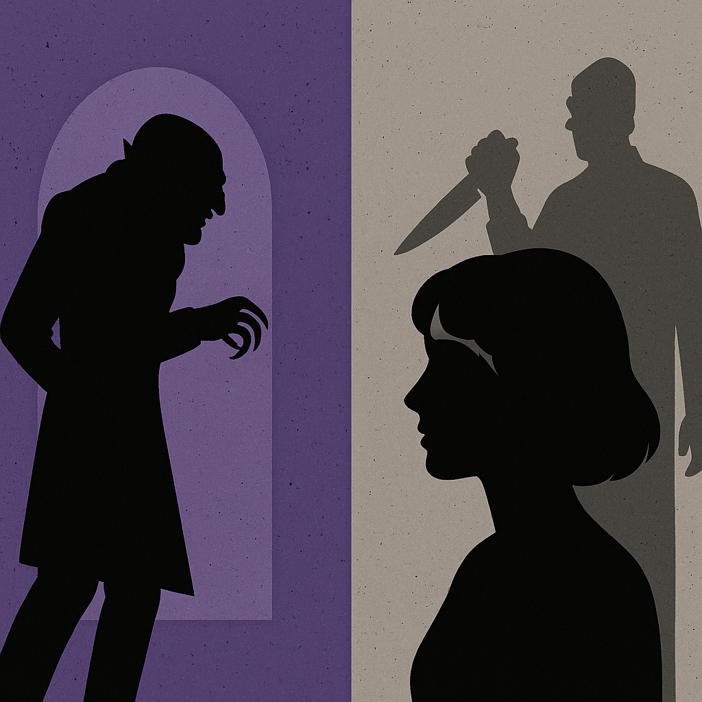 왼쪽은 고전 괴물 영화 속 뱀파이어 실루엣, 오른쪽은 현대 심리 스릴러를 상징하는 인물의 그림자 &mdash; 두 이미지가 대비되는 일러스트