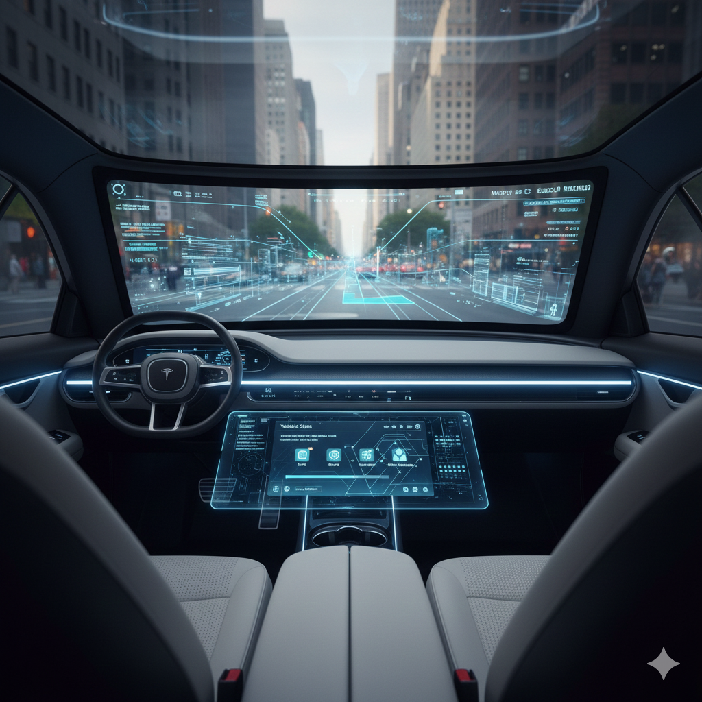 미래적인 테슬라 자율주행 차량 내부에서 운전자가 없는 상태로 도시 거리를 주행 중이다. 앞유리 전체가 대형 디스플레이로 변해 길 안내, 차선, 주변 차량, 신호등 등의 AR 정보가 투명하게 표시되어 있다. 대시보드에도 홀로그램 같은 인터페이스가 떠 있고, 테슬라 로고가 새겨진 스티어링 휠이 보인다. 배경에 맨해튼 같은 고층 빌딩이 펼쳐진 황혼 무렵의 도시 풍경.