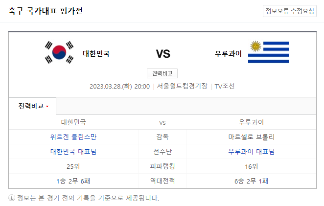 축구 국가대표 평가전 대한민국 vs 우루과이 중계