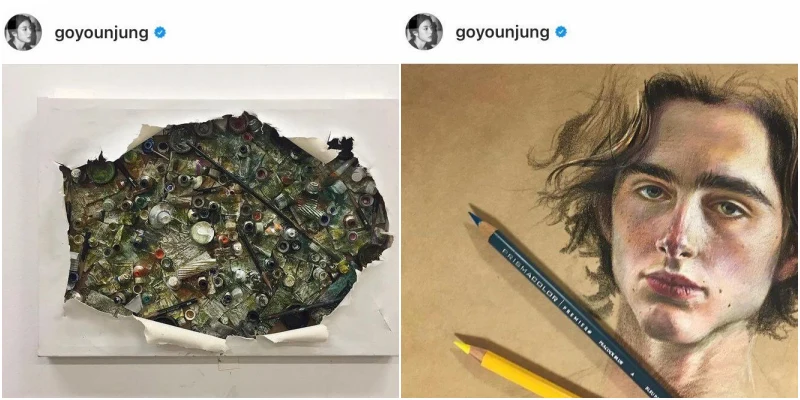 색연필로 인물화를 그린 작품과 다양한 조형물을 그려진 현대 미술 작품을 그린 배우 고윤정