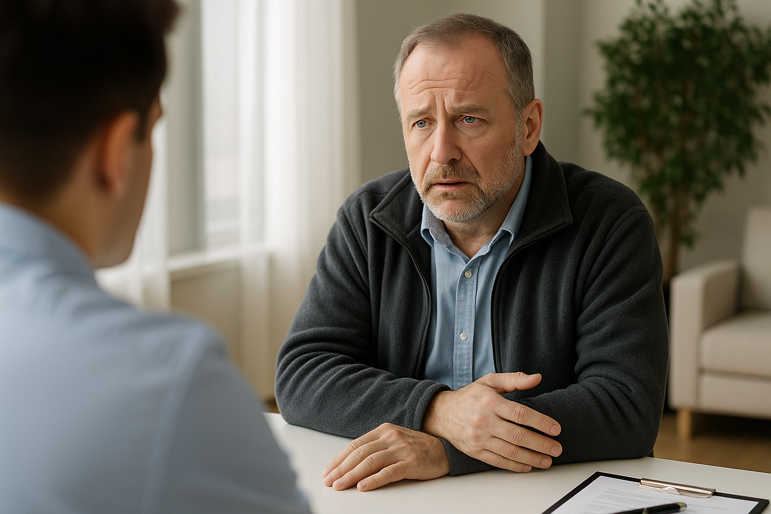 긴급한 생활 위기 상황에서 지원을 상담하는 중년 남성
