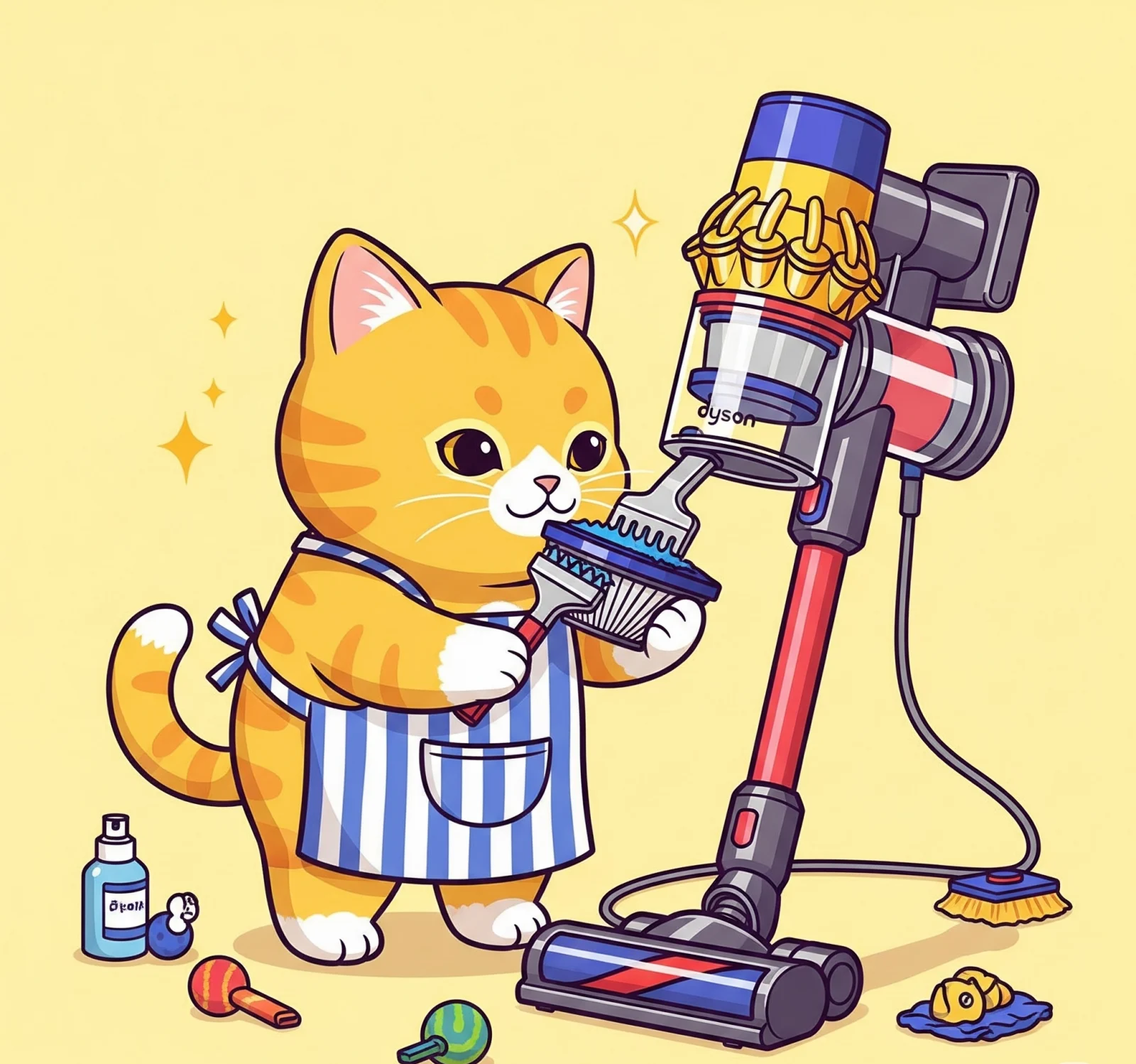 청소기를 청소하는 고양이 그림, Illustration of a cat cleaning a vacuum cleaner