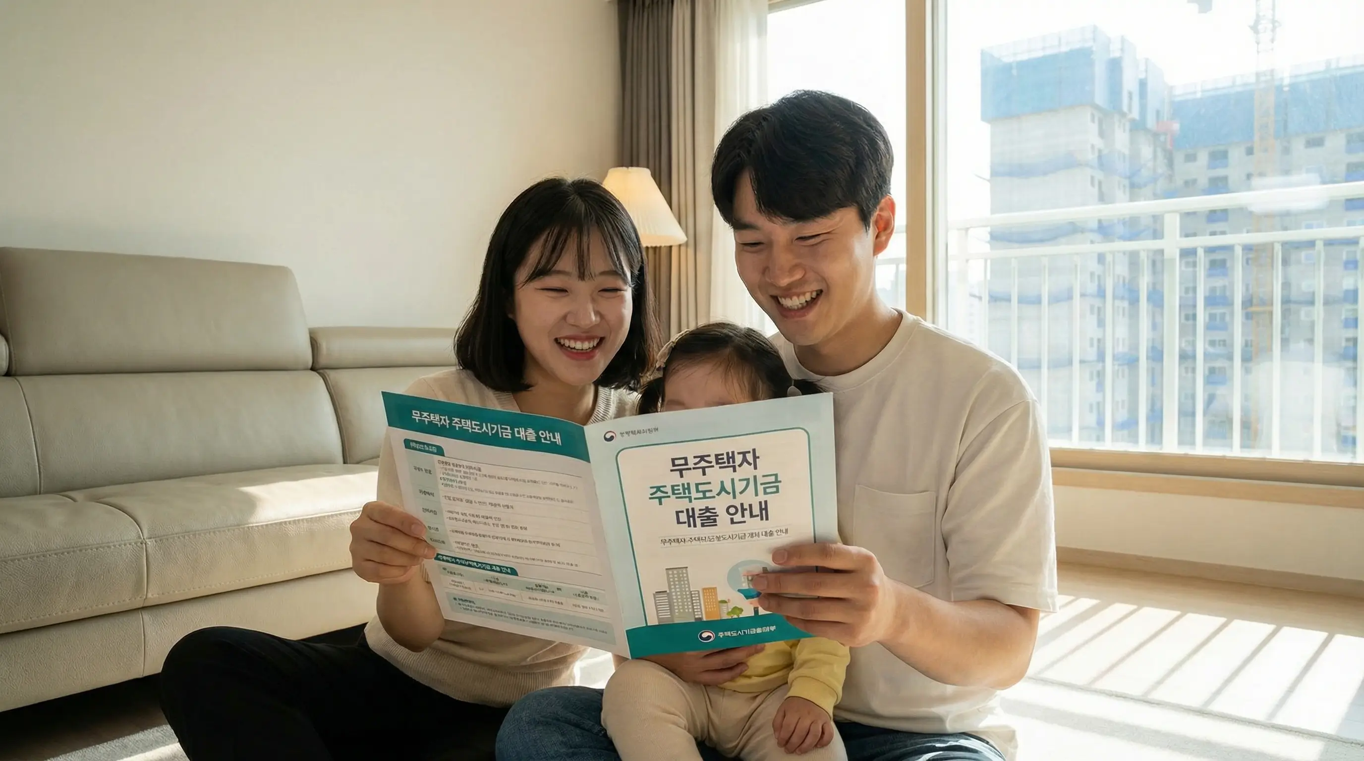 무주택자가 정부 지원 대출 상품 안내문을 보고 내 집 마련의 꿈을 키우는 희망찬 모습