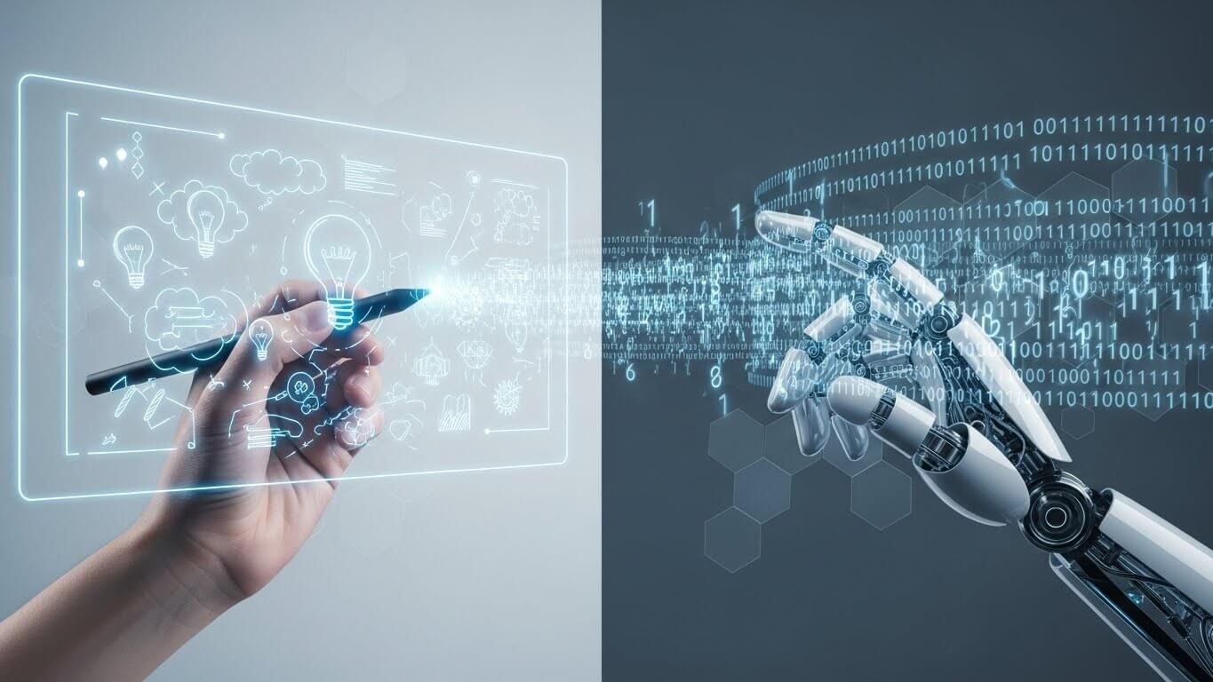 사람과로봇팔이대비되어있고 입체적으로 그림과숫자과 오버랩되어있다