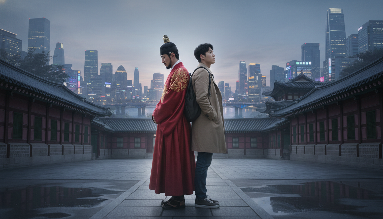 왕과 사는 남자 결말 해석: 과거의 궁궐과 현대의 도시를 배경으로 등을 맞대고 있는 왕과 현대인 주인공의 모습
