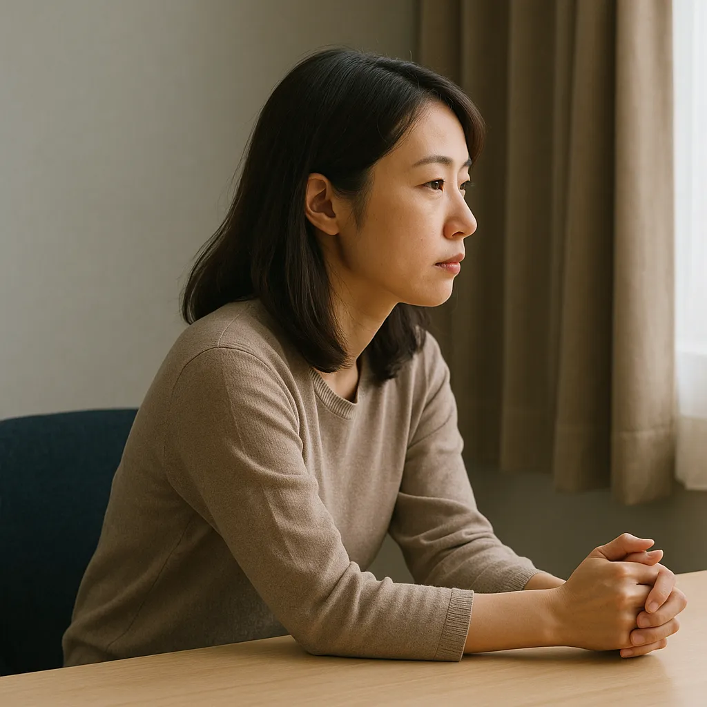 상담실에서 혼자 깊은 고민에 잠긴 여성