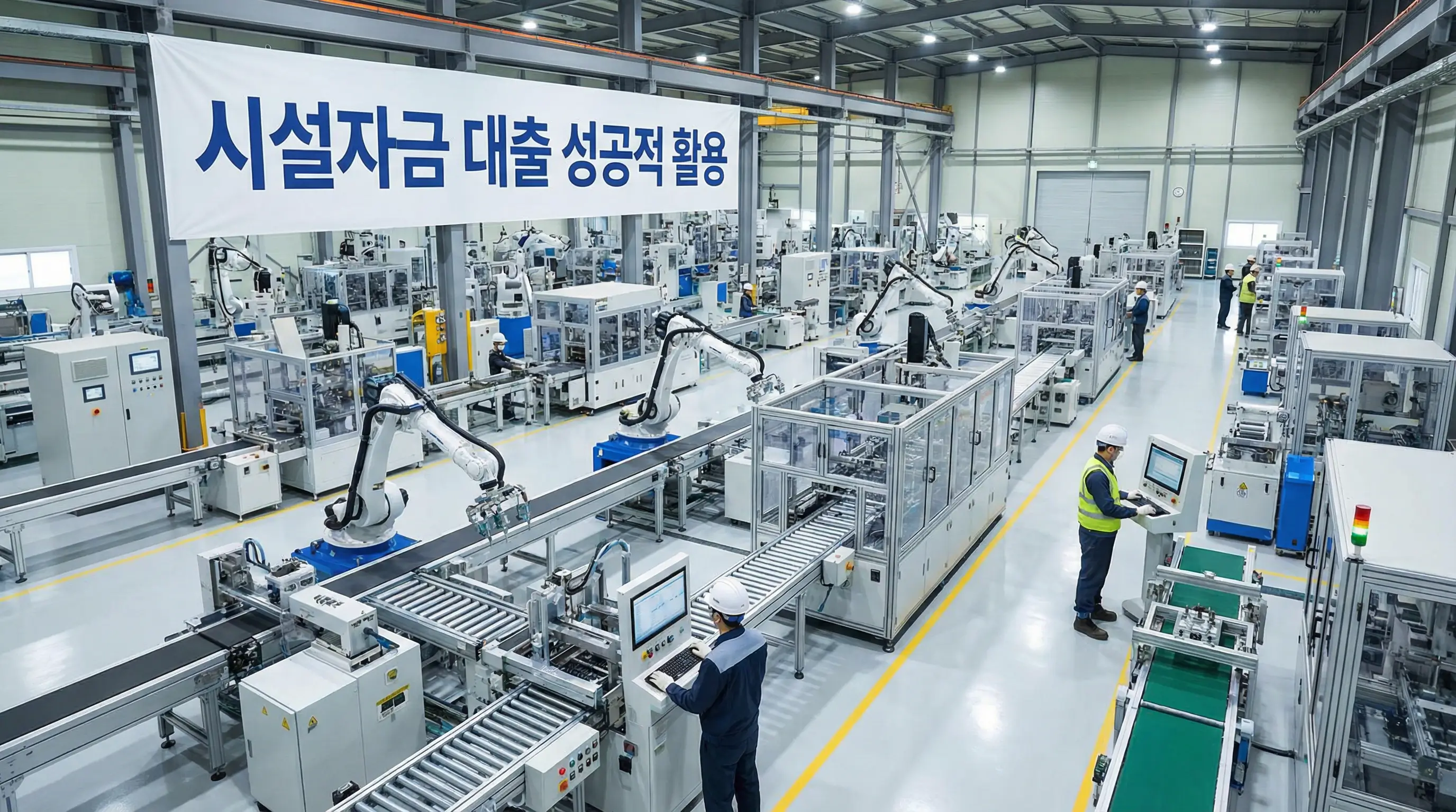 넓은 공장에 최신 기계 설비가 도입되어 돌아가는 모습, 시설자금 대출의 성공적인 활용 예시