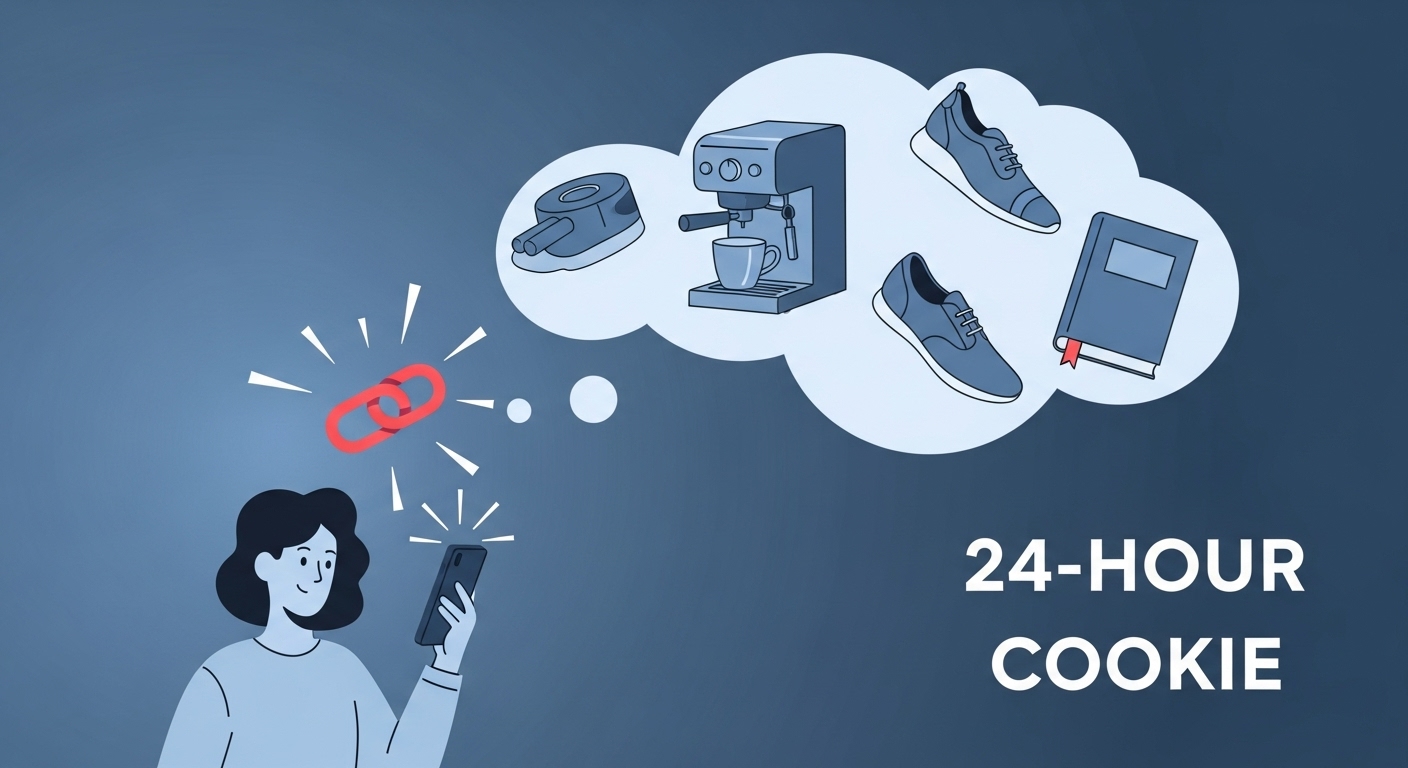 쿠팡 파트너스 24시간 쿠키 개념을 시각적으로 보여주는 이미지. 휴대폰 클릭 후 여러 상품이 구매로 이어지는 모습.