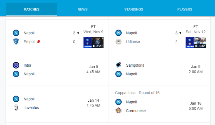 나폴리 경기 일정 (구글)