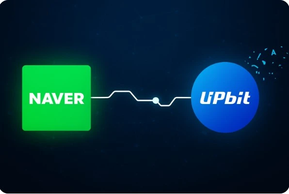네이버와 업비트 아이콘이 연결되어 디지털 금융 확장을 상징하는 그래픽