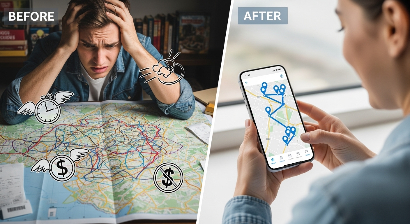 비효율적인 여행 동선(Before)과 깔끔하게 정리된 효율적인 여행 동선(After)을 비교하여 보여주는 이미지