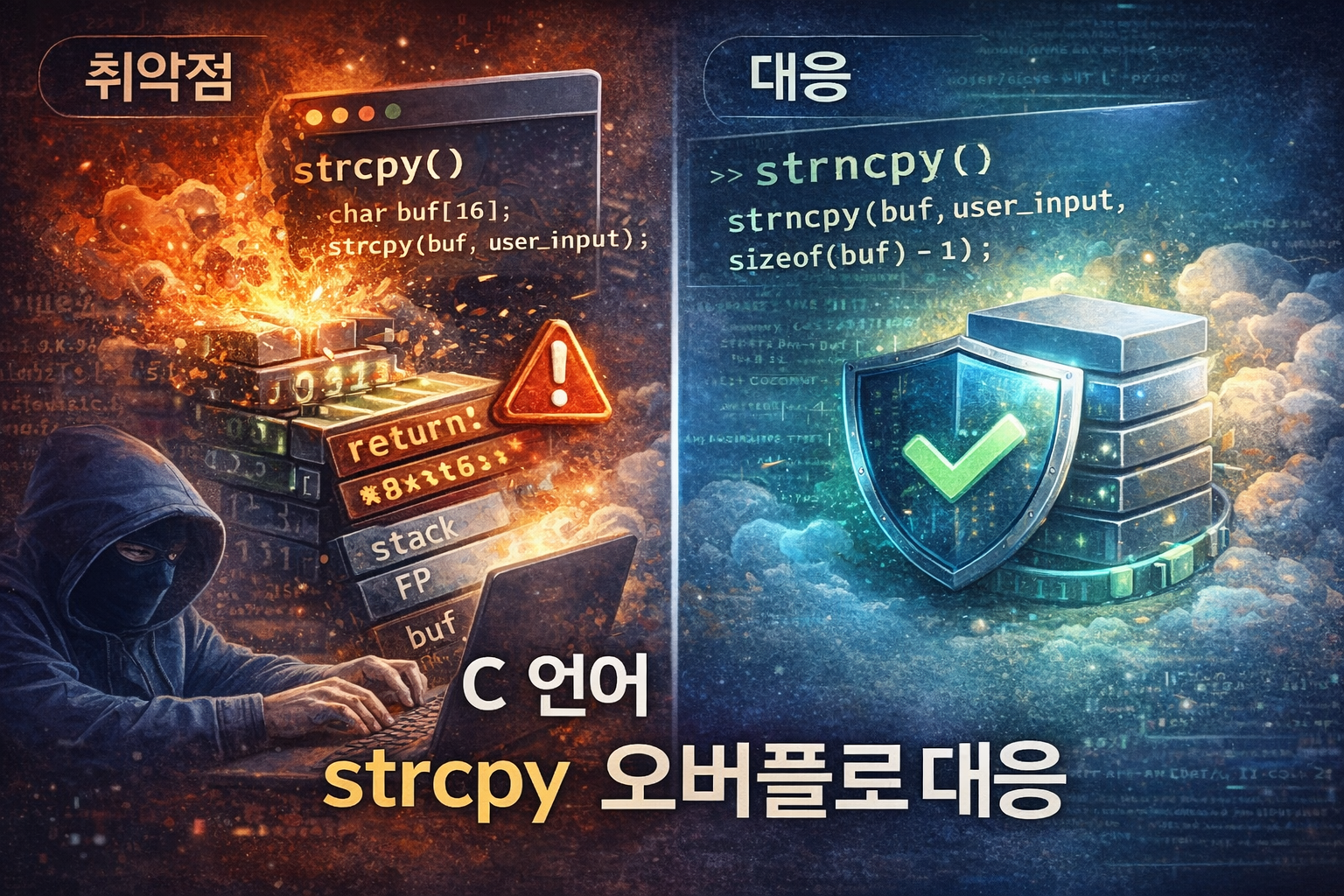 C 언어 strcpy()로 인해 발생하는 메모리 오버플로 취약점의 원리와 보안적 위험, 그리고 strncpy() 등 안전한 대응 방법을 보안 관점에서 설명합니다