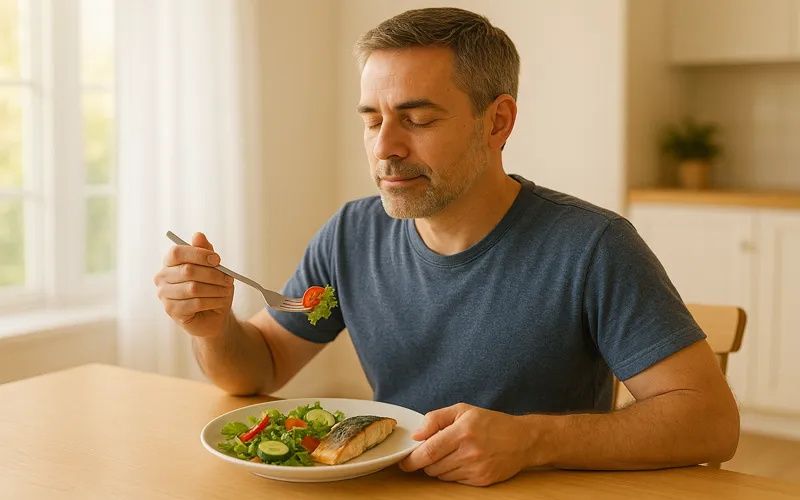 건강한 식단으로 콜레스테롤 관리를 실천하는 40대 남성