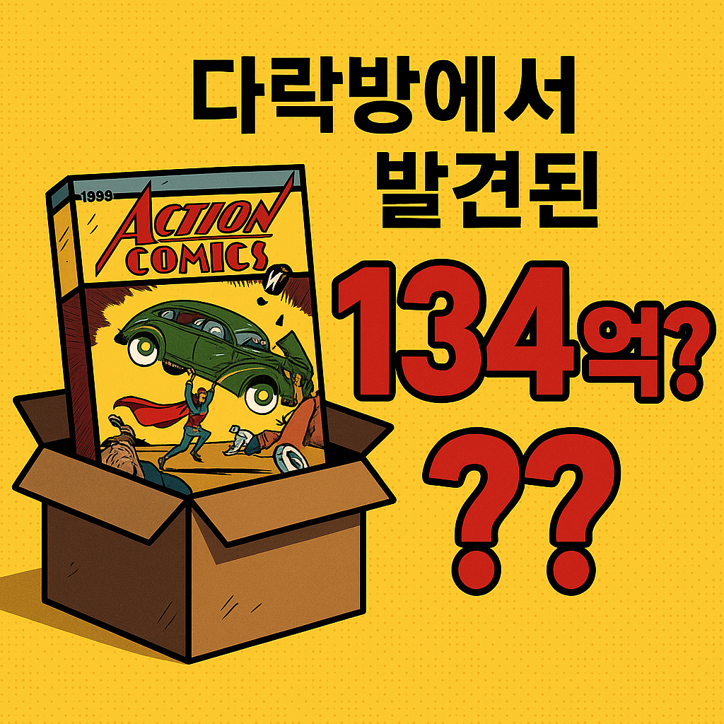 “다락방에서 발견된 1939년 슈퍼맨 1호 초판 만화책이 134억 원에 낙찰된 사건을 강조한 일러스트 썸네일 이미지”