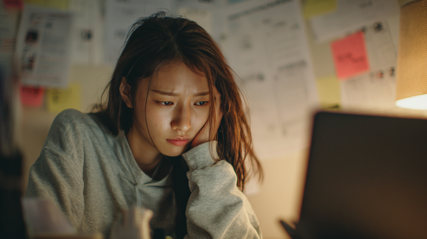 걱정스러운 표정의 한국 대학생이 책상 앞에서 노트북 화면을 응시하고 있다