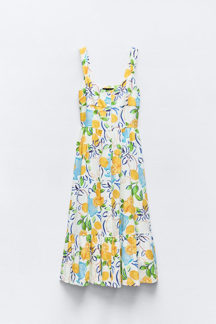 리넨 블렌드 프린트 미디 원피스