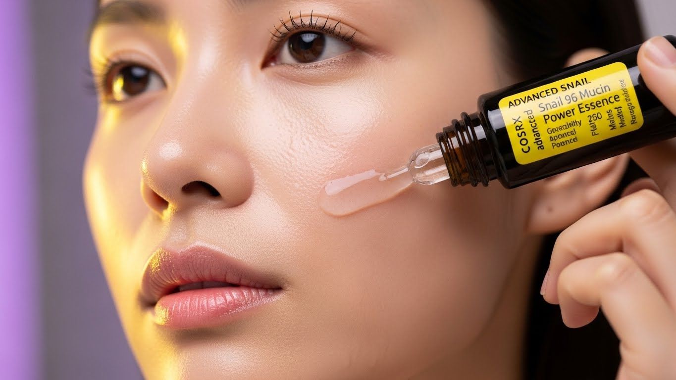 깨끗하고 이슬 맺힌 얼굴에 COSRX 어드밴스드 스네일 96 뮤신 파워 에센스를 부드럽게 바르는 여성의 클로즈업 예술적인 사진입니다.