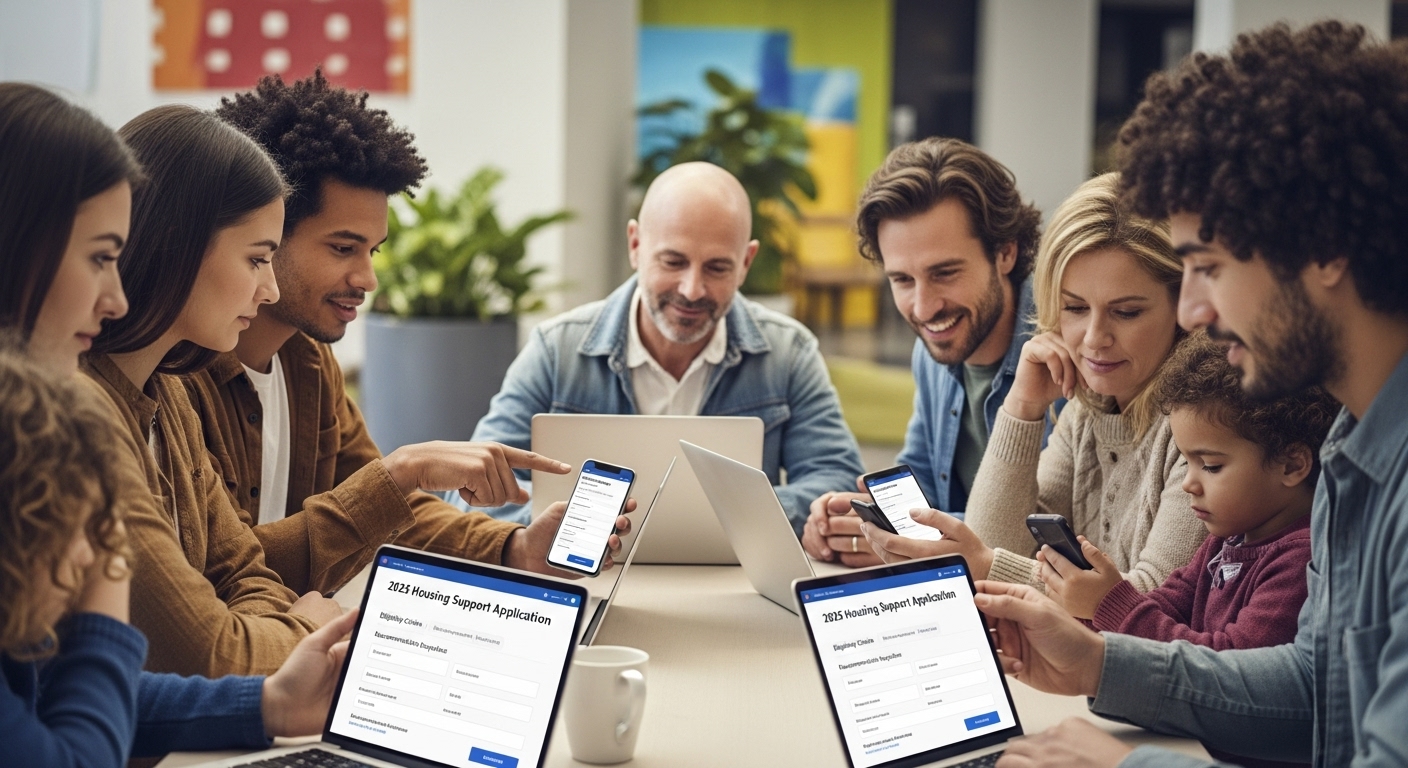 다양한 연령대의 사람들이 노트북과 스마트폰으로 2025년 주거 지원금 온라인 신청서를 작성하는 모습. 신청 절차가 간편해졌음을 암시.