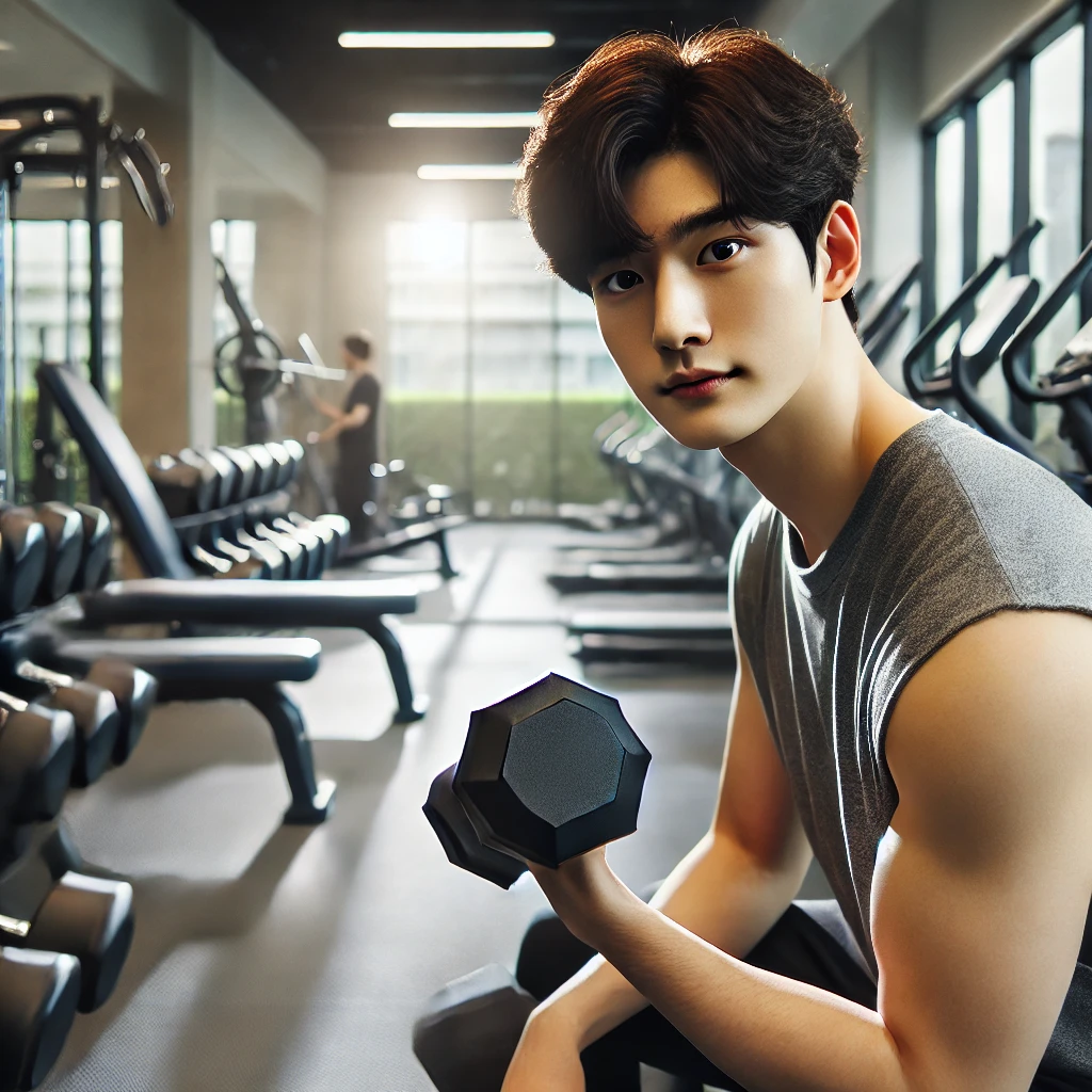 헬스장에서 덤벨을 들고 운동에 집중하는 젊은 남성