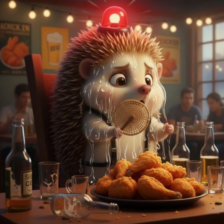 통닭집 모임 중 갱년기 열성 홍조 증상으로 땀을 흘리며 부채질하는 고슴도치 캐릭터 도치씨