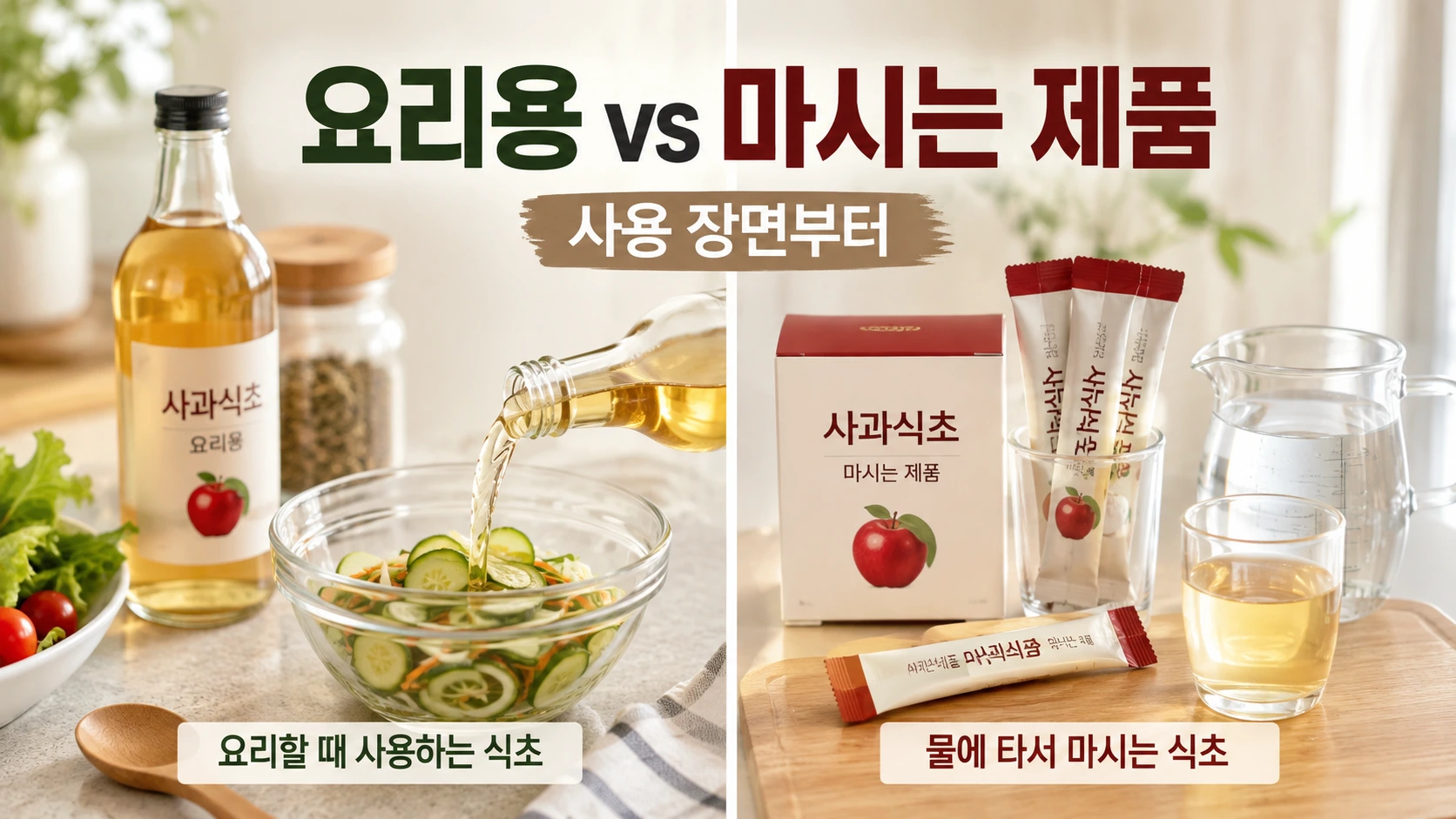 요리용 사과식초와 물에 타 마시는 애사비 스틱을 나란히 비교한 모습