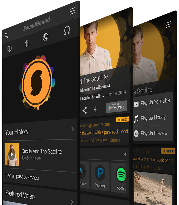 SoundHound app interface showing song recognition button and live lyrics playback