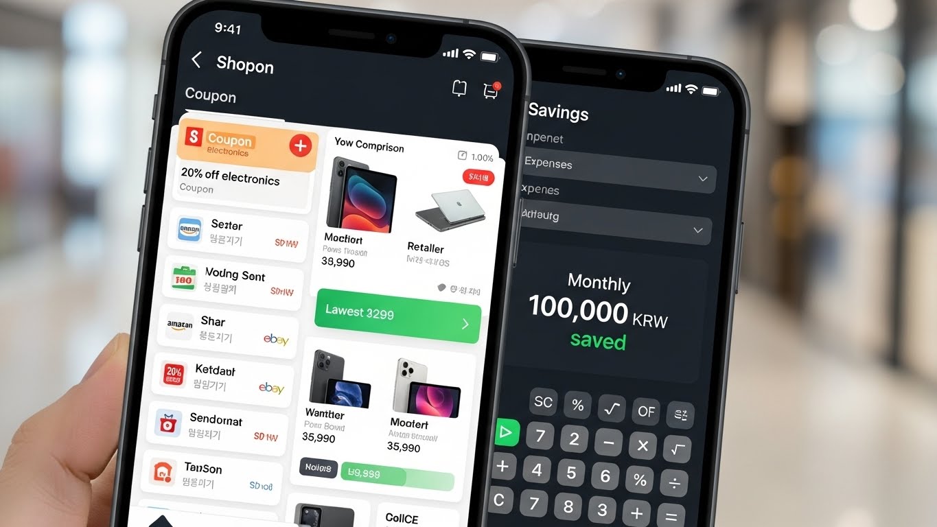 A smartphone with shopping apps open, price comparison, coupons, and a savings calculator showing 'Monthly 100,000 KRW saved'.