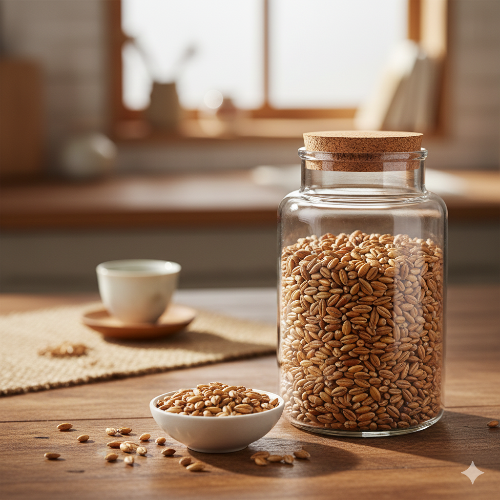 밀폐용기에 담긴 보리쌀알