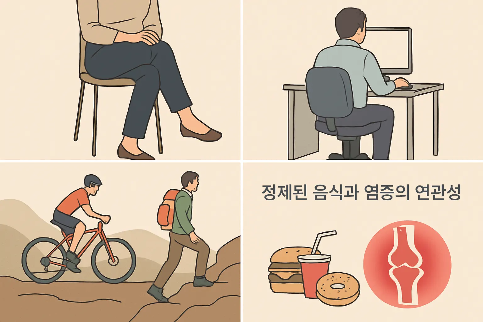다리를 꼬고 앉은 사람, 장시간 앉아서 일하는 직장인의 뒷모습, 사이클이나 등산 등 한쪽 다리에 집중되는 운동 장면, 오른발 위주 활동을 하는 장면, 정제식품&middot;자극적 음식과 염증의 연관성