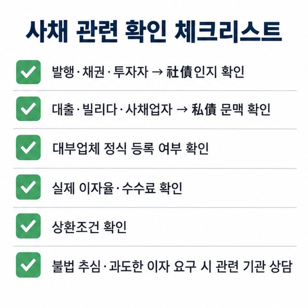 사채라는 말을 볼 때 발행 채권 투자자 대출 사채업자 등록 여부 이자율 상환조건을 확인하는 체크리스트