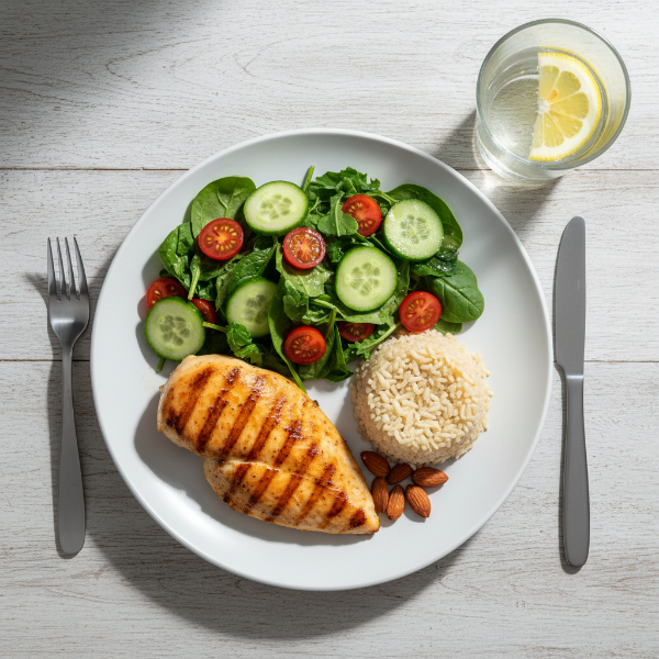 고단백, 저칼로리 위주로 구성된 건강한 간헐적 단식 식단 예시 (닭가슴살, 채소, 현미밥).