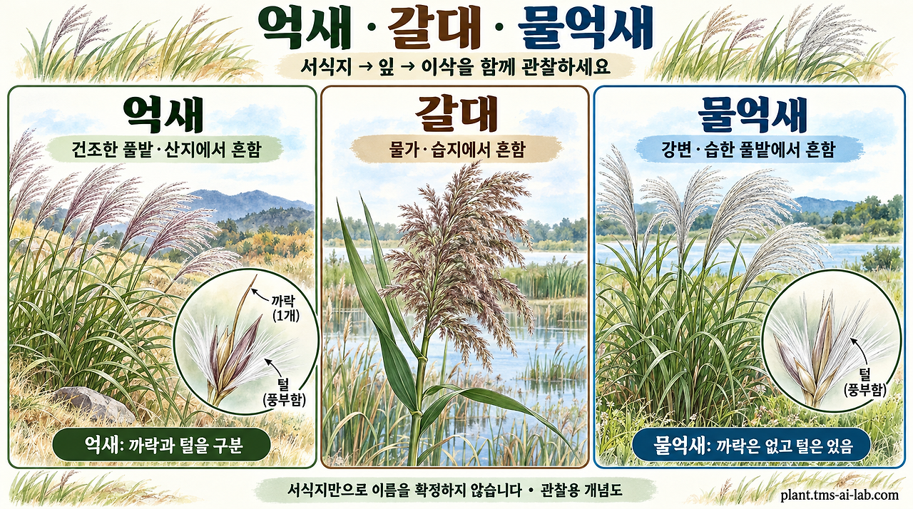 억새·갈대·물억새의 서식지와 까락·털을 비교한 개념도