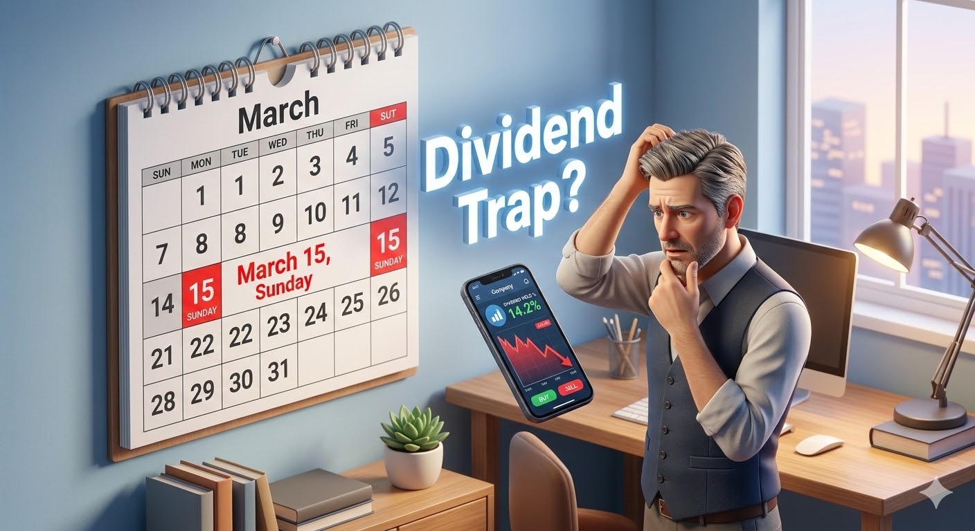 3월 15일 일요일이 빨간색으로 표시된 달력과 함께, 한숨 쉬는 투자자 위로 '배당금 삭감?'이라는 자극적인 문구가 박힌 3D 일러스트
