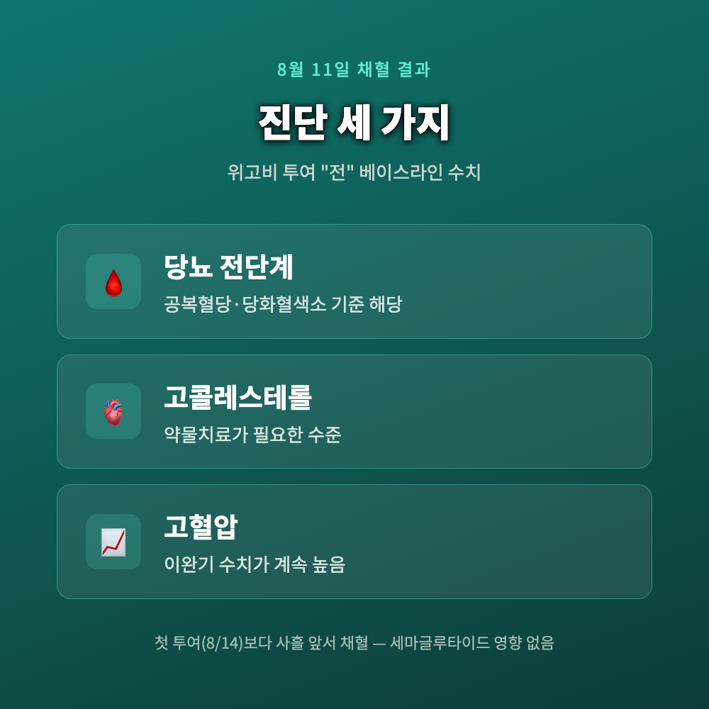 8월 11일 채혈한 피검사 결과지를 살펴보는 모습, 당뇨 전단계와 고콜레스테롤 수치가 담긴 검사지