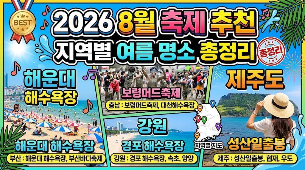 2026년 8월 전국 지역별 여름 축제 및 명소 추천 인포그래픽