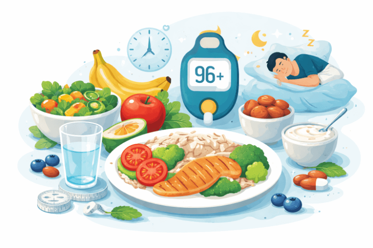 혈당 관리에 도움이 되는 건강 식단과 생활 습관 일러스트