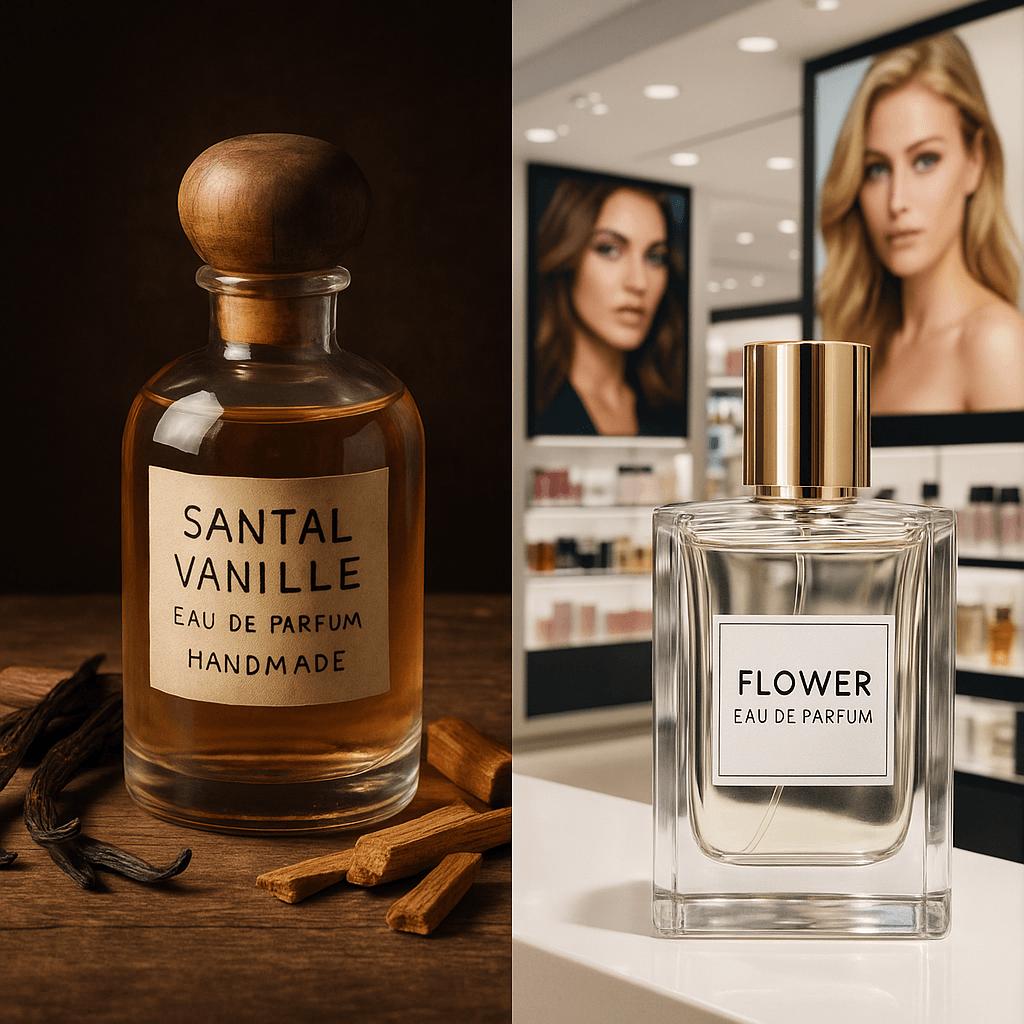 좌측은 어두운 분위기의 공방에서 손글씨 라벨이 붙은 니치 향수가 희귀한 재료들과 함께 놓여 있고, 우측은 밝은 백화점 조명 아래 화려한 패키지와 셀러브리티 광고가 진열된 대중 향수 매대가 대비되어 있는 이미지. 두 향수 세계가 극명하게 대조되는 구성