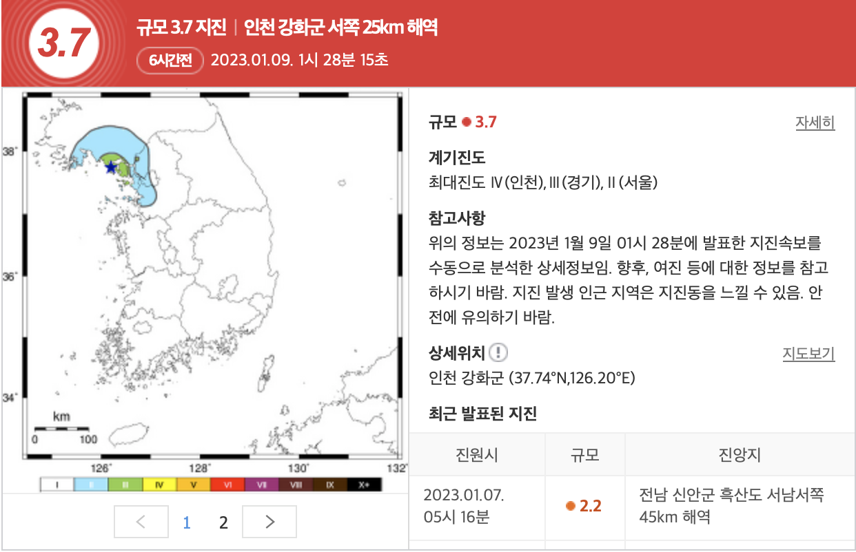 인천 강화군 진도 3.7 규모 지진 발생