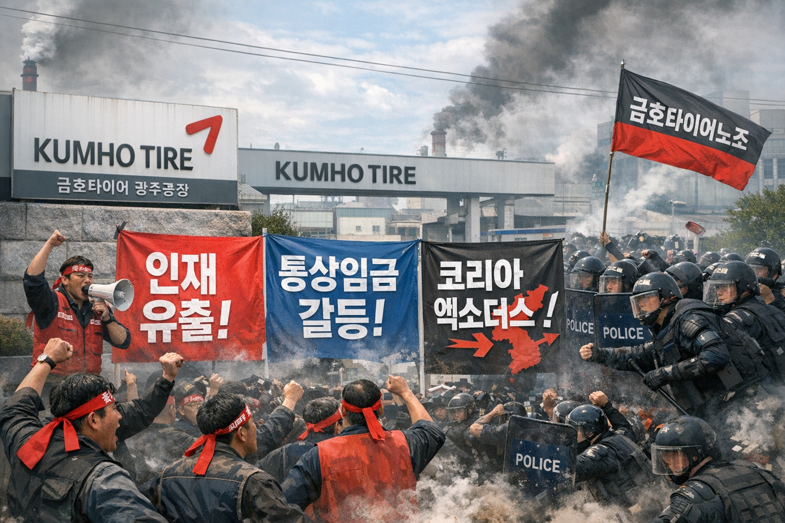 금호타이어 광주 (인재, 통상임금, 코리아 엑소더스)로 이미지를 만들어줘