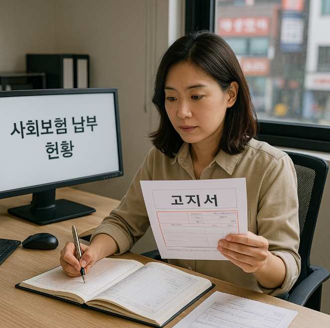 작은 사무실 책상 앞에서 회계 장부와 고지서를 함께 보는 자영업자 여성의 모습