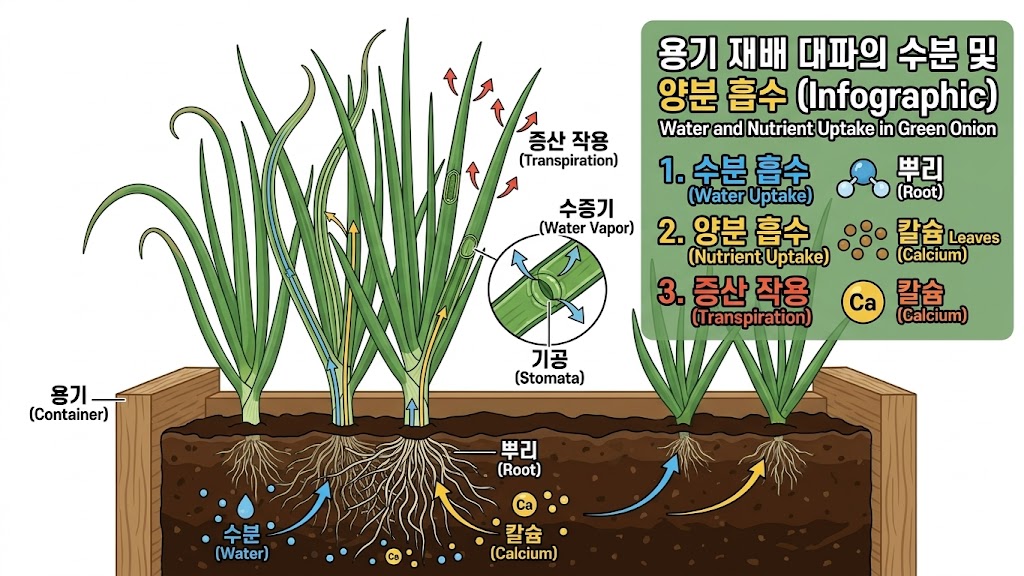 대파 화분 내 수분 이동과 칼슘의 흡수 경로를 보여주는 기술적인 도표