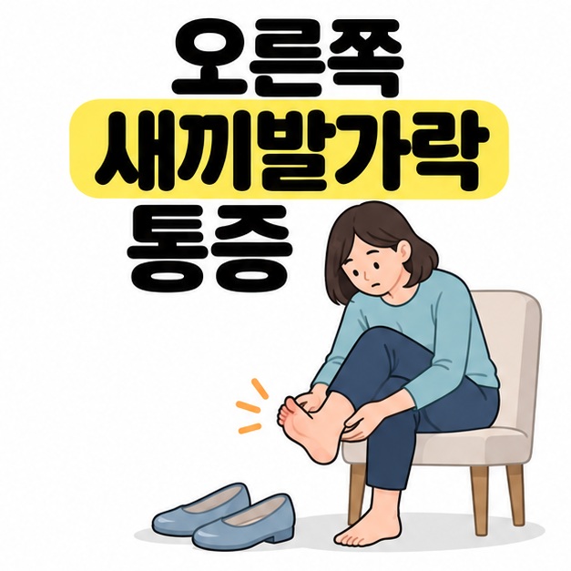 오른쪽 새끼발가락 통증 제목과 의자에 앉아 신발을 벗고 발을 손으로 살피는 여성의 그림