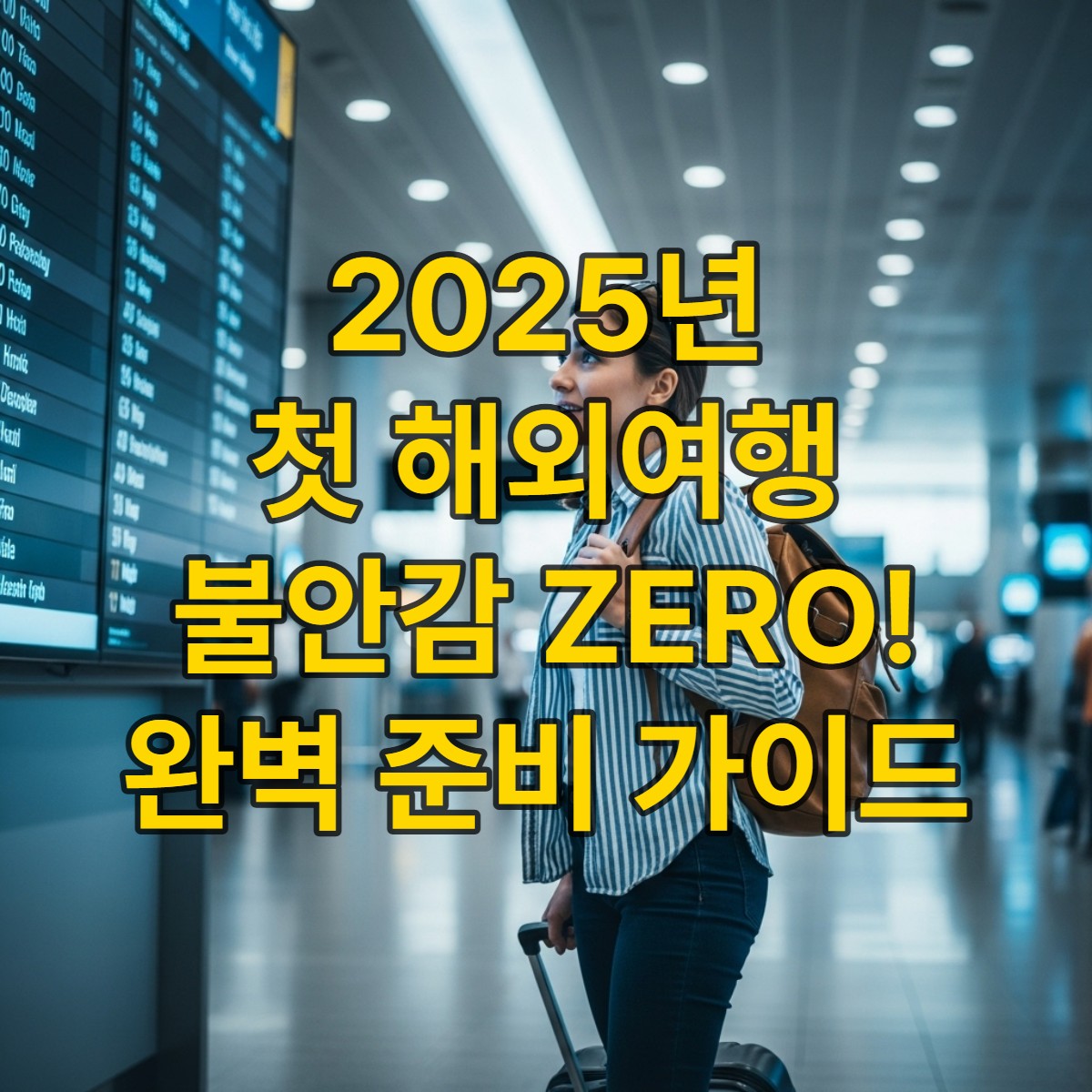 2025년 첫 해외여행을 떠나는 설렘 가득한 여행자가 현대적인 공항에서 출발 전 안내판을 바라보는 모습.
